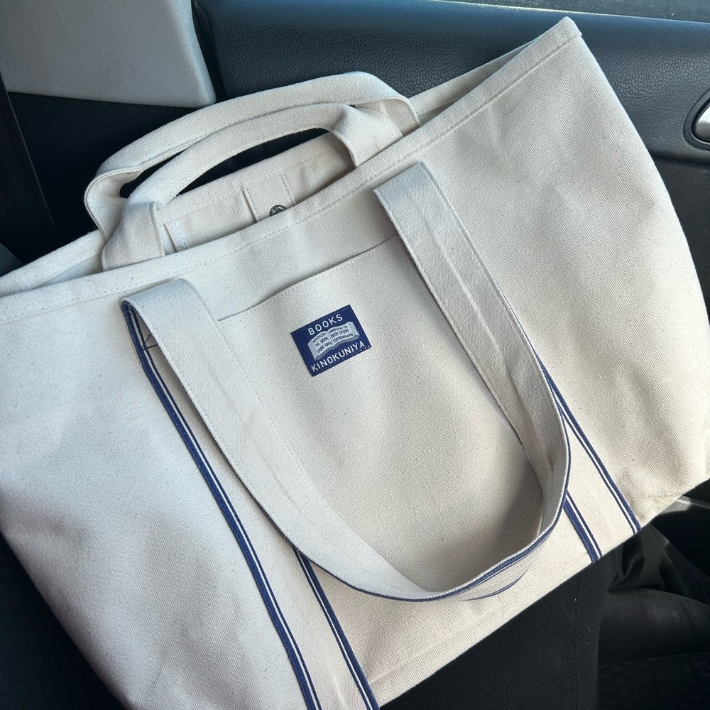 Book Kinokuniya Cream Large Tote Bag with Textured Fabric and Sturdy Handles